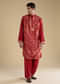 Red Handwoven Jacquard Silk Mens Kurta Set