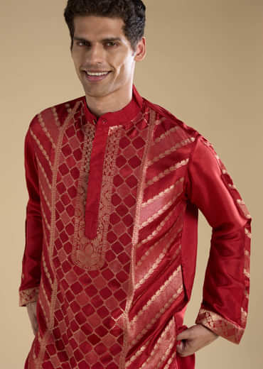 Red Handwoven Jacquard Silk Mens Kurta Set