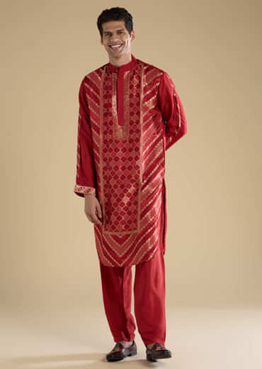 Red Handwoven Jacquard Silk Mens Kurta Set