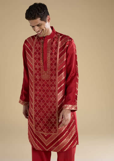 Red Handwoven Jacquard Silk Mens Kurta Set