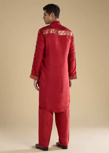 Red Handwoven Jacquard Silk Mens Kurta Set