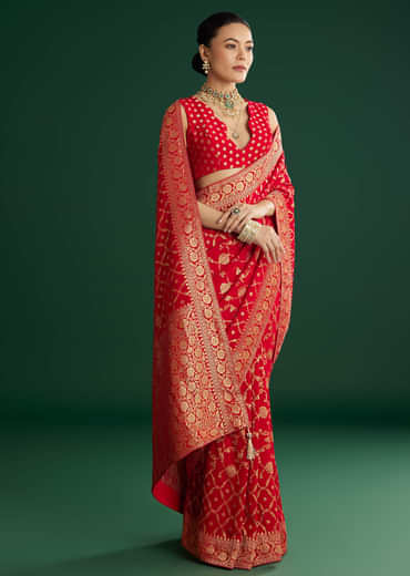 Red Jaal Work Saree With Floral Border And Pallu
