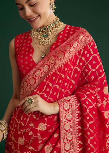 Red Jaal Work Saree With Floral Border And Pallu