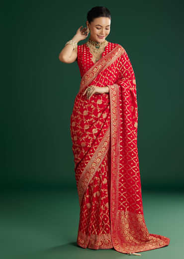 Red Jaal Work Saree With Floral Border And Pallu