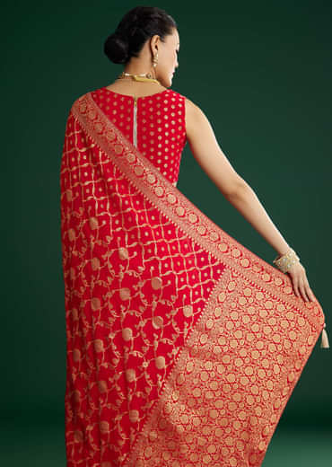 Red Jaal Work Saree With Floral Border And Pallu