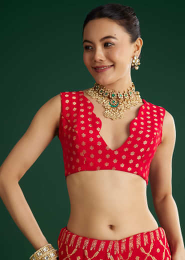 Red Jaal Work Saree With Floral Border And Pallu