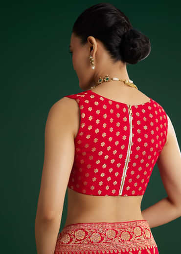 Red Jaal Work Saree With Floral Border And Pallu