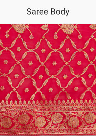 Red Jaal Work Saree With Floral Border And Pallu