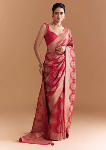 Red Khadhi Georgette Saree With Geometric Motifs In Zari Work