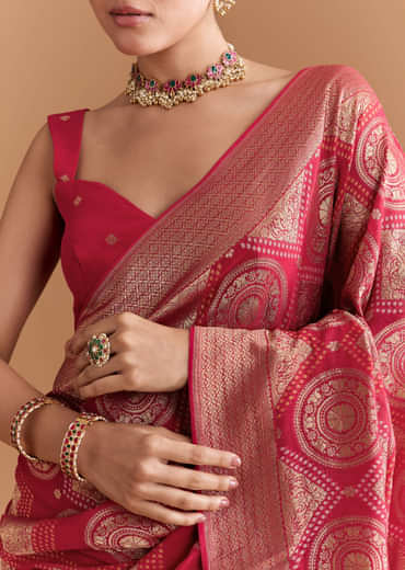 Red Khadhi Georgette Saree With Geometric Motifs In Zari Work