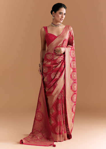 Red Khadhi Georgette Saree With Geometric Motifs In Zari Work