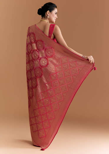 Red Khadhi Georgette Saree With Geometric Motifs In Zari Work