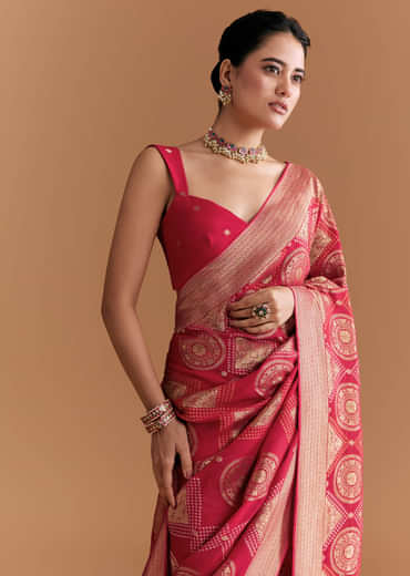 Red Khadhi Georgette Saree With Geometric Motifs In Zari Work