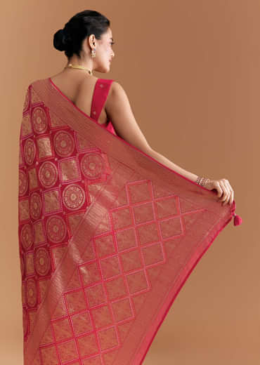 Red Khadhi Georgette Saree With Geometric Motifs In Zari Work