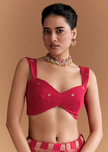 Red Khadhi Georgette Saree With Geometric Motifs In Zari Work