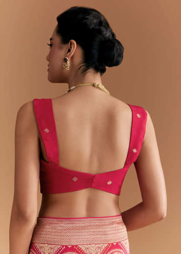 Red Khadhi Georgette Saree With Geometric Motifs In Zari Work