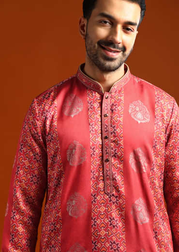 Red Kurta Set For Men With Ethnic Motif Work