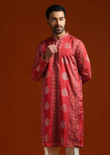 Red Kurta Set For Men With Ethnic Motif Work