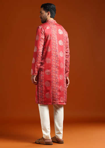 Red Kurta Set For Men With Ethnic Motif Work