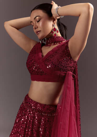 Red Lehenga Set With Embellished Dupatta And Tassels