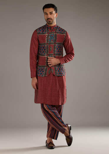 Red Linen Kurta Jacket Set For Men With Hand Block Ajrakh Print