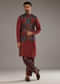 Red Linen Kurta Jacket Set For Men With Hand Block Ajrakh Print
