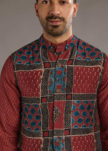 Red Linen Kurta Jacket Set For Men With Hand Block Ajrakh Print