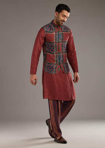 Red Linen Kurta Jacket Set For Men With Hand Block Ajrakh Print