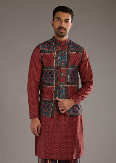 Red Linen Kurta Jacket Set For Men With Hand Block Ajrakh Print