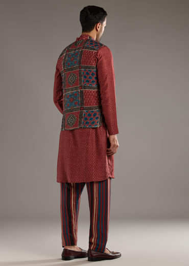 Red Linen Kurta Jacket Set For Men With Hand Block Ajrakh Print