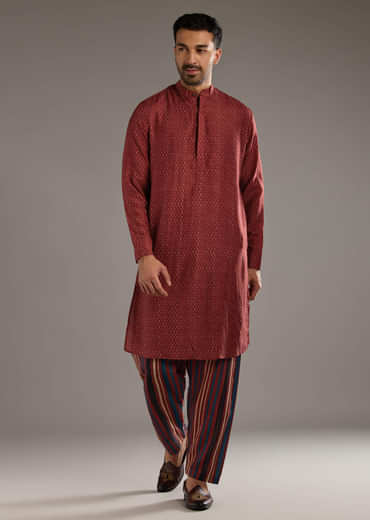 Red Linen Kurta Jacket Set For Men With Hand Block Ajrakh Print