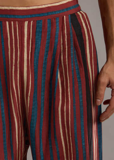 Red Linen Kurta Jacket Set For Men With Hand Block Ajrakh Print