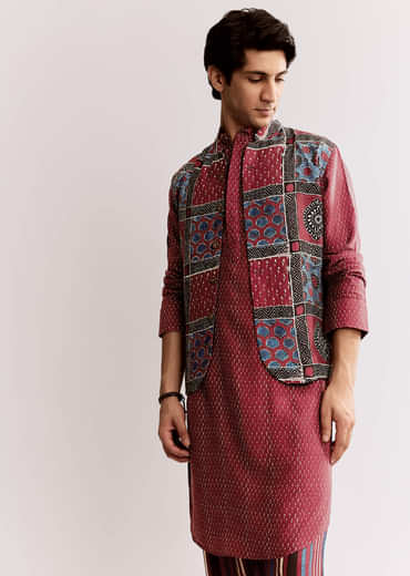 Red Linen Kurta Jacket Set With Ajrakh Print