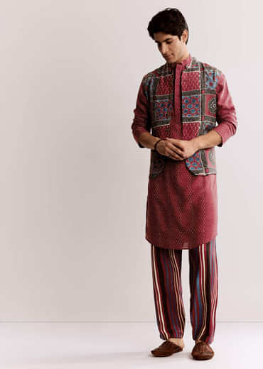 Red Linen Kurta Jacket Set With Ajrakh Print