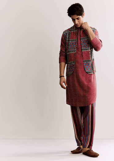 Red Linen Kurta Jacket Set With Ajrakh Print