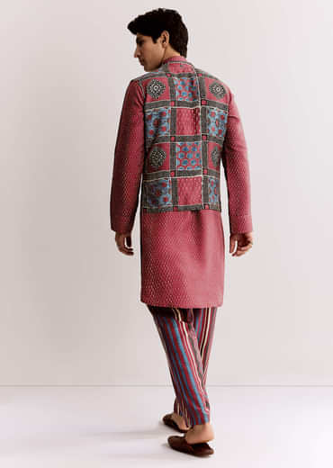 Red Linen Kurta Jacket Set With Ajrakh Print