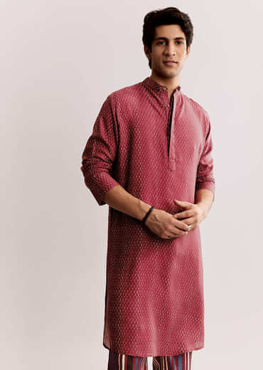 Red Linen Kurta Jacket Set With Ajrakh Print