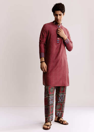 Red Linen Kurta Set With Ajrakh Print