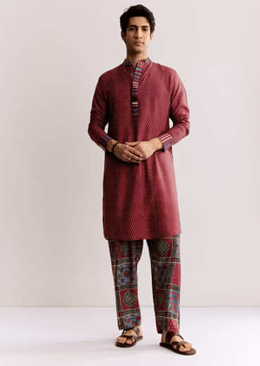 Red Linen Kurta Set With Ajrakh Print