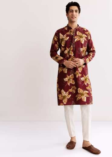Red Maroon Silk Kurta Set With Floral Print