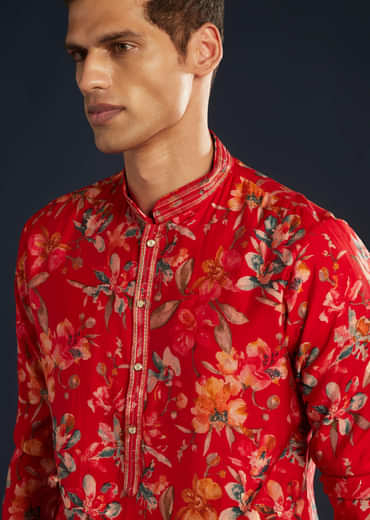 Red Mens Silk Kurta Set with Floral Prints