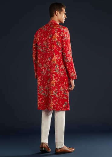 Red Mens Silk Kurta Set with Floral Prints