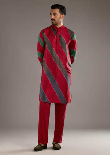Red Modal Kurta Set For Men With Hand Dyed Leheriya Print