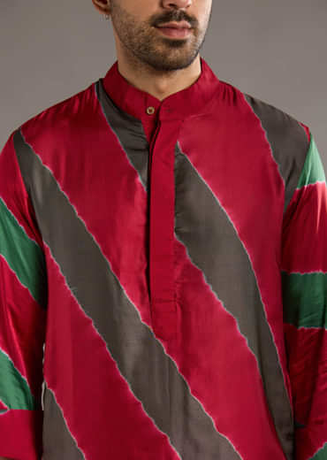 Red Modal Kurta Set For Men With Hand Dyed Leheriya Print