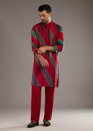 Red Modal Kurta Set For Men With Hand Dyed Leheriya Print