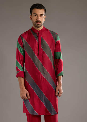 Red Modal Kurta Set For Men With Hand Dyed Leheriya Print