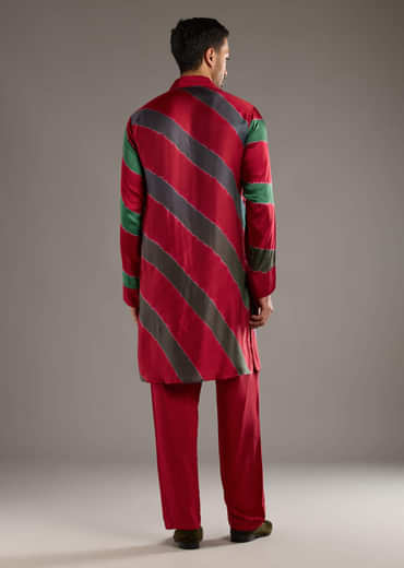 Red Modal Kurta Set For Men With Hand Dyed Leheriya Print