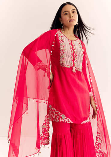 Red Moti Threadwork Dola Silk Sharara Suit With Organza Dupatta