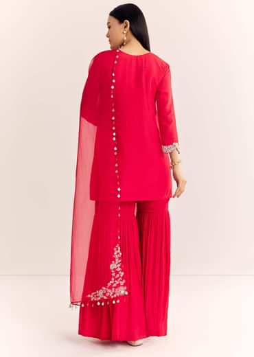 Red Moti Threadwork Dola Silk Sharara Suit With Organza Dupatta