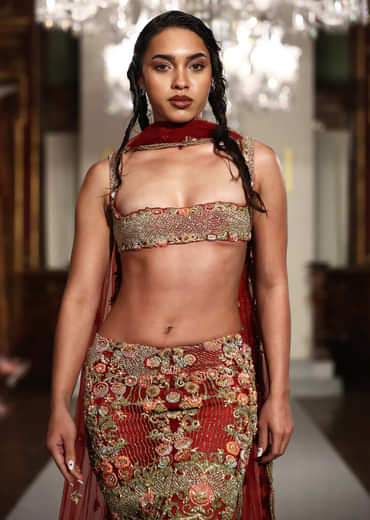 Red Net Bridal Lehenga With Zardosi And Patch Work